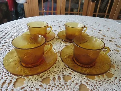 Vintage Amber Gold Honey Glass Duralex Vereco Floral Cups & Saucers 4 Sets • $39