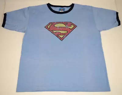 Superman T-Shirt VTG 00s Retro Cracked Superman Logo Ringer M/L Made USA C.2006 • $68.27