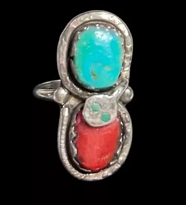 Vtg Zuni Effie C Sterling Silver Turquoise & Red Coral Snake Ring Sz 7 1/4 • $79.99