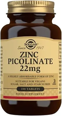 Solgar Zinc Picolinate 22 Mg Tablets - Pack Of 100 ( Next Day Delivery ) • £7.99