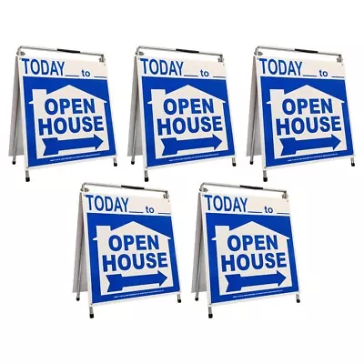 Real Estate Open House Sign Kit Metal A-Frame 5 Pack Blue House W/ Today Times • $169.99