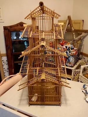 $50 • Buy Vintage 29” Pagoda Bamboo Tier Wooden High Hanging Bird Cage House
