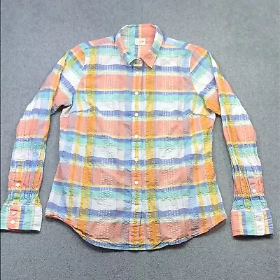 J Crew Perfect Shirt Womens Medium Orange Blue Plaid Seersucker Button Stretch • $11.18