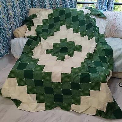 Vintage Handmade 68 X 90 Green White Patchwork Hand Tied Quilt-2 Available  • $34.99