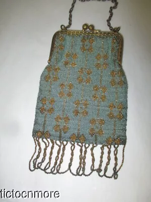 Antique Art Deco French Metallic Steel Cut Micro Beaded Purse Turquoise & Gold • $24.99