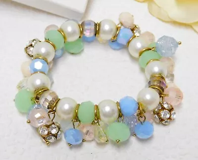 Macy's Stone Glass Faux Pearl & Crystal Rhinestone Stretch Bracelet • $9.99