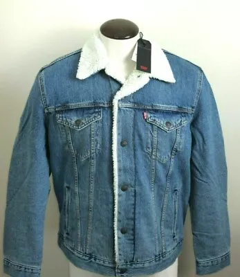 $85.01 • Buy Levis Mens Premium Sherpa Lined Trucker Jacket Blue Bleach Wash Snap Front NWT 