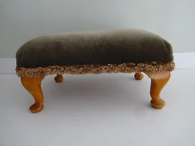Vintage Foot Stool/Seat-Greeny Brown Cover-Wooden Queen Anne Legs-9  High • £27.99