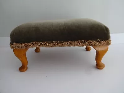 Vintage Foot Stool/Seat-Greeny Brown Cover-Wooden Queen Anne Legs-9  High • £27.99