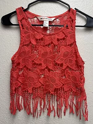 H&M Coachella Lace Overlay Fringe Crop Top Size 2 ORANGE CORAL EUC • $12