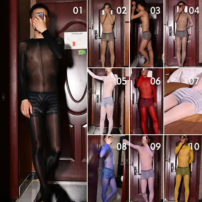 Men Oily Shiny Bodystockings Pantyhose Open Crotch Bodysuit Long Sleeve Bodyhose • £13.19