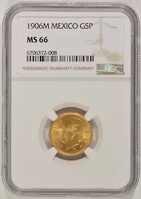 1906-M Mexico Gold Cincos Pesos G5P NGC MS66 5 Peso 6706372-008 • $1499.95