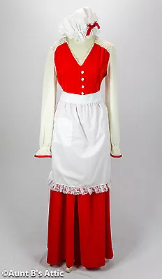 Mrs. Santa Dress Vtg 70's 3 Pc Handmade Red/ Wht Dress Waist Apron & Mob Cap Sm • $49.98