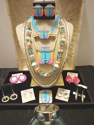 Vintage Jewelry Lot SOUTHWEST ARTISAN HAND Painted UNIQUE Folk ArT Whimsy FUN++ • $42.77