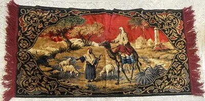 Vintage Tapestry Middle Eastern Camel Shepherd Sheep Desert Scene 40”x20” Fringe • $39.99