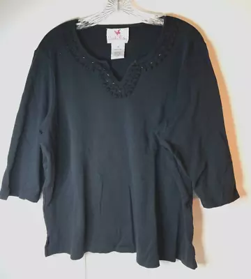 Quacker Factory Black Cotton 3/4 Sleeve T-Shirt Raised Flowers Beading Size 1X • $7.25