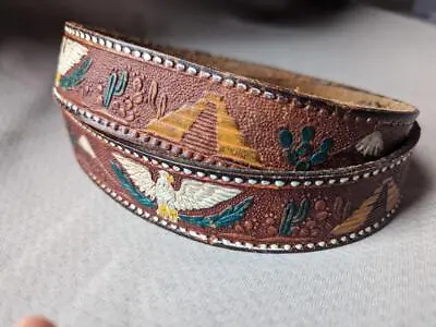 Vintage HAND TOOLED Buckle Belt WESTERN Custom 42 Brown LOREN Inca Eagle Aztec • $49.95