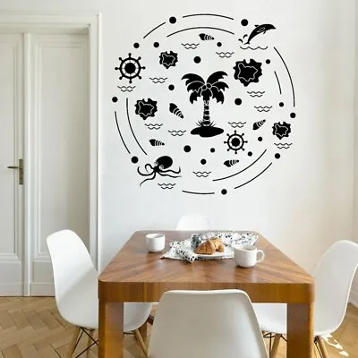 Beach Style Wall Decal Compass Sticker Shell Octopus Dolphin Palm Coconut Tree • $6.59