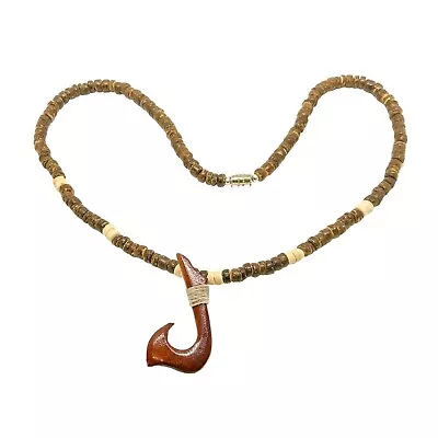 Hawaiian Jewelry Coconut Bead Hand Carved Wood Fishing Hook Necklace From Hawaii • $8.95