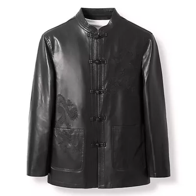 $53.57 • Buy 1x Men Faux Leather PU Jacket Frog Button Dragon Pattern Shirt Tops Casual Coat