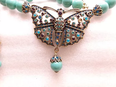 Heidi Daus Butterfly Pendant Necklace Turquoise Color Rhinestone & Beads As Is • $14.99