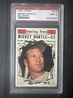 Mickey Mantle 1961 Topps All Star #578 Mint Psa 9 Yankees Centered • $3999.95