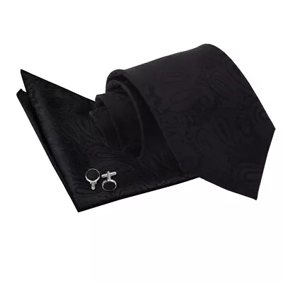 Black Classic Skinny Tie Pocket Square Cufflinks Woven Floral Paisley By DQT • £7.99