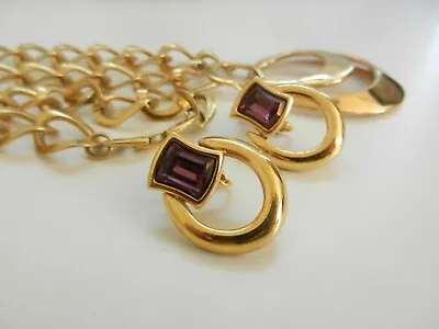 Vtg Napier Stmt Runway Oversized Gold Pendant Necklace + Glass Amethyst Earrings • $20