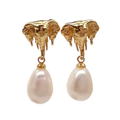 Cultured White Rice Pearl Elephant Gold Plated Dangle Stud Earrings • $8