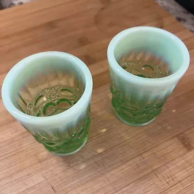 Set Of Two Mosser Glass Eye Winkler Green And White Tumblers • $35