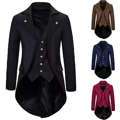 Men Gothic Jacket Steampunk Tailcoat Long Coat Halloween Medieval Tuxedo Costume • £43.93