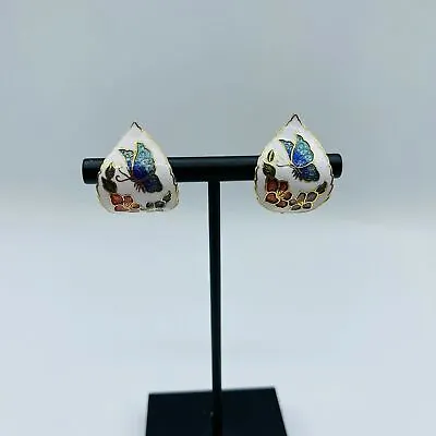 Vintage Multi Color Flower Butterfly Cloisonné Clip On Earrings • $9.99