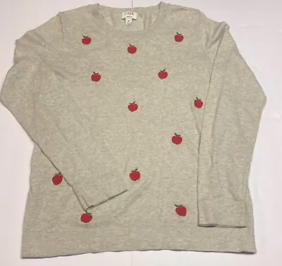 J Crew Teddie Sweater Women's Size M 100% Cotton Embroidered Apples Light Gray • $17
