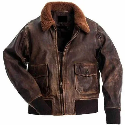 Mens Aviator Navy G-1 Flight Jacket Real Brown Distressed Leather Bomber Jacket • $174.99