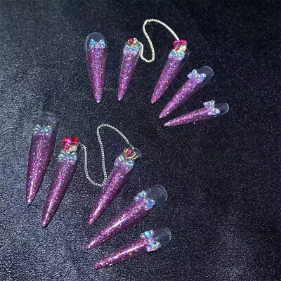 Handmade False Nail Sparkling Sequins Stiletto Press On Nails For Nail Art 10PCS • $14.99