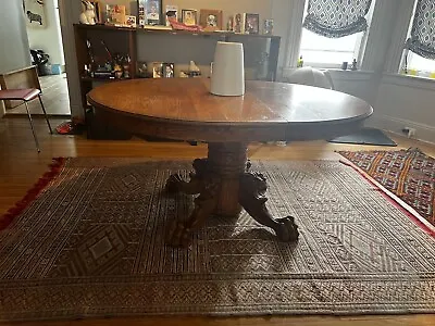 Antique Round Oak Dining Table Carved Lion And Claw Feet – 1 Leaf • $1750