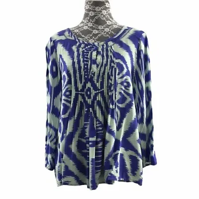 Vanessa Virginia Mahdia Blue Ikat Peasant Blouse Womens 4 3/4 Sleeve Top • $15.35