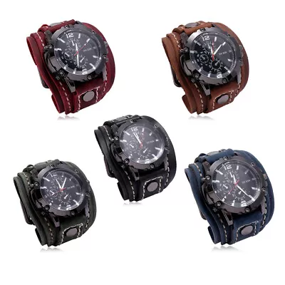 Mens Quartz Cowhide Retro Punk Style Watch Wide Genuine Leather Bracelets • $16.89