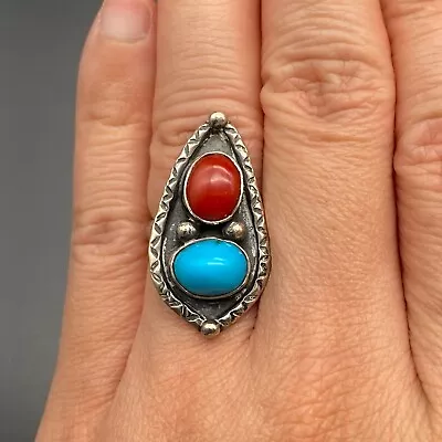 Vintage Southwestern Turquoise Coral Silver Ring Size 7.75 • $125