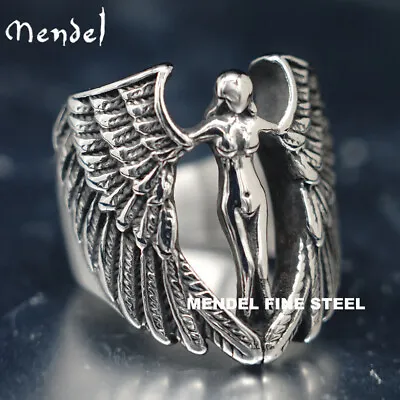 MENDEL Mens Feather MC Biker Angel Wing Ring Stainless Steel Silver Size 7-15 • $11.99