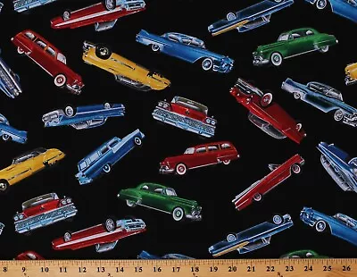 Cotton Classic Cars Antique VIntage Vehicles Black Fabric Print By Yard D771.56 • $15.95