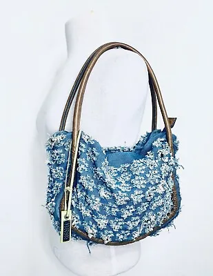 Versus By Versace Blue Distressed Denim Brown Leather Trim Satchel Hand Bag • $179.99