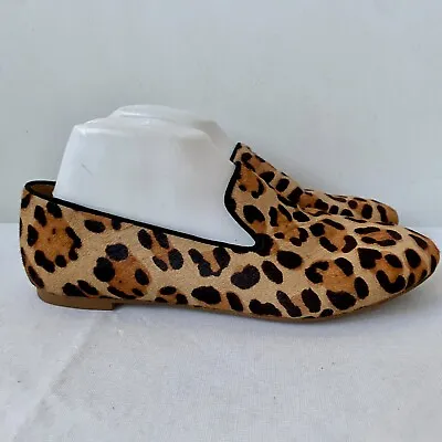 J Crew Womens Leopard Calf Hair Flat Smoking Loafers AA525 Size 9 • $30