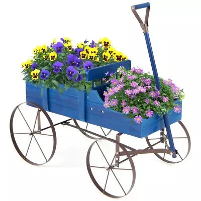 Wooden Planter Bed Metal Wheels Wagon Decorative Garden Yard Patio Cart W/Handle • $39.98