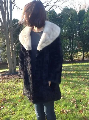 Vintage Retro Black & Grey Mink Fur Swing Coat Jacket One Clip Closure • $245