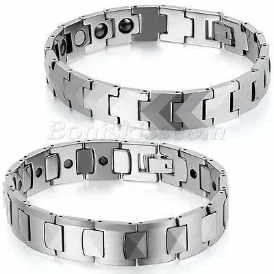 Mens Polished Silver Tone Wide Heavy Tungsten Carbide Link Health Bracelet Chain • $17.99