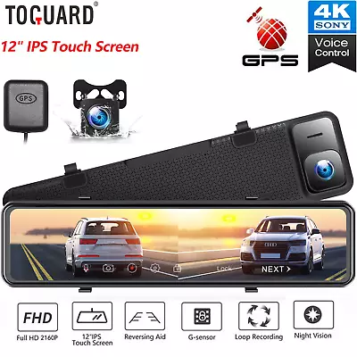 TOGUARD 4K GPS Mirror Dash Cam 12  Front Rear Car Video Camera Voice Control • $168.99