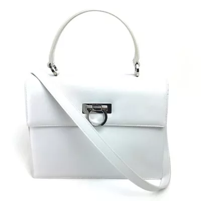 SALVATORE FERRAGAMO Gancini Shoulder Hand Bag 2way Bag White Leather • $1034