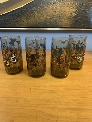 Set Of 4 Butterfly Meadow Garden Tumbler Smoky Drinking Glasses Vintage Libbey • $34.99