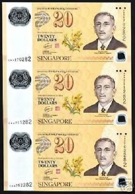 Singapore 20 Dollars P-53 2007 Uncut Sheet 3 Note Unc Commemorative Polymer Note • $1999.99